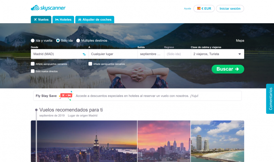 Utilizamos SkyScanner para buscar vuelos de solo ida